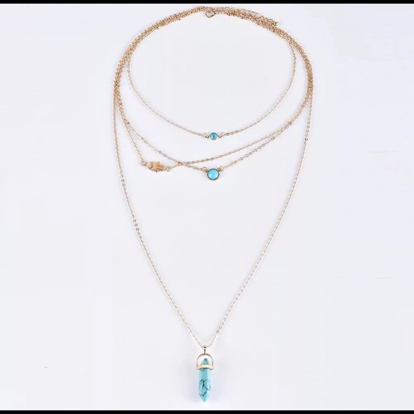 V style 4 layers gold neclace with sky blue stone - Picture 2 of 4